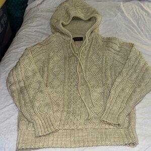 Vintage Thane Men's Cable Knit Hoodie Sweater - Cream